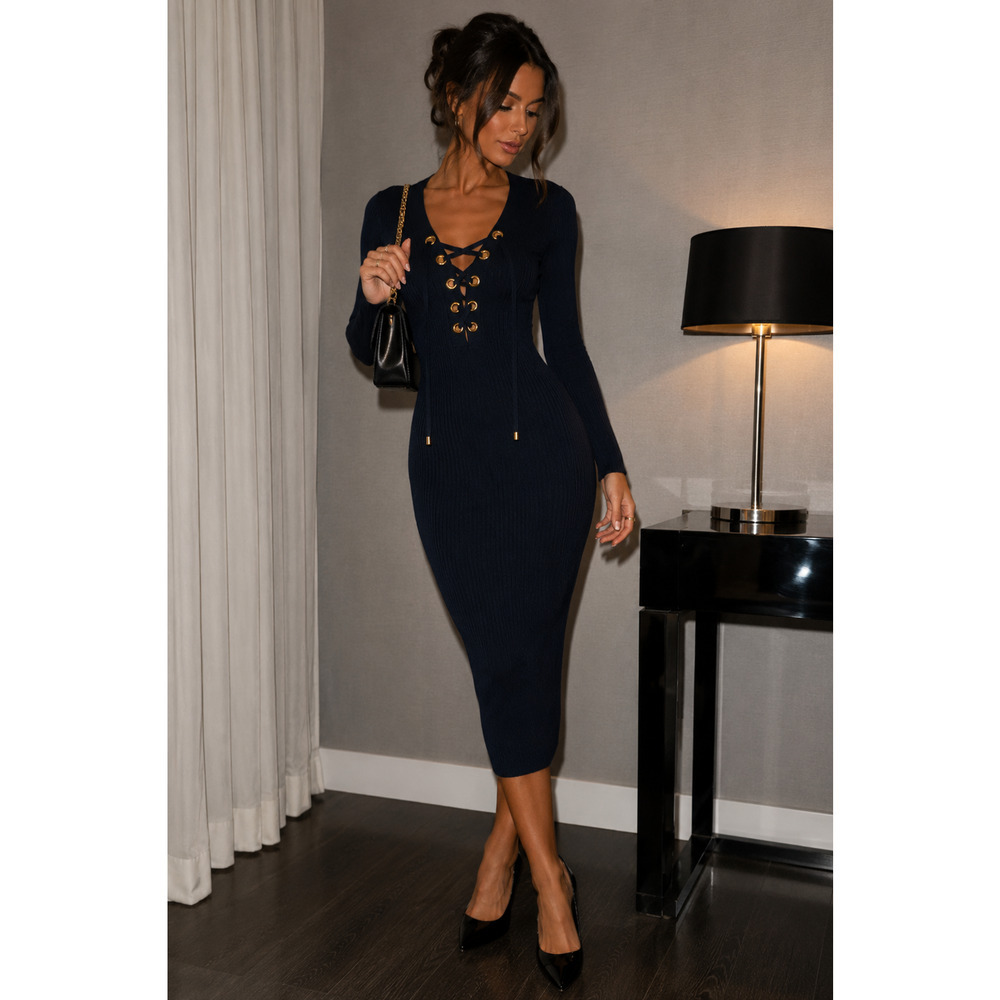 Michael Kors Ribbed Bodycon Sweater Dress Navy Gold Lace Up XXS Sexy Knit